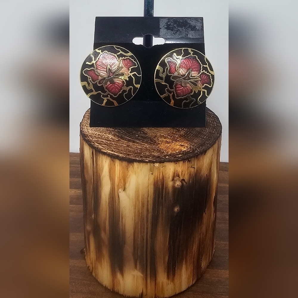 Vintage Black Gold Pink Flower Enamel Cloisonne Clip-On Round Stud Earrings